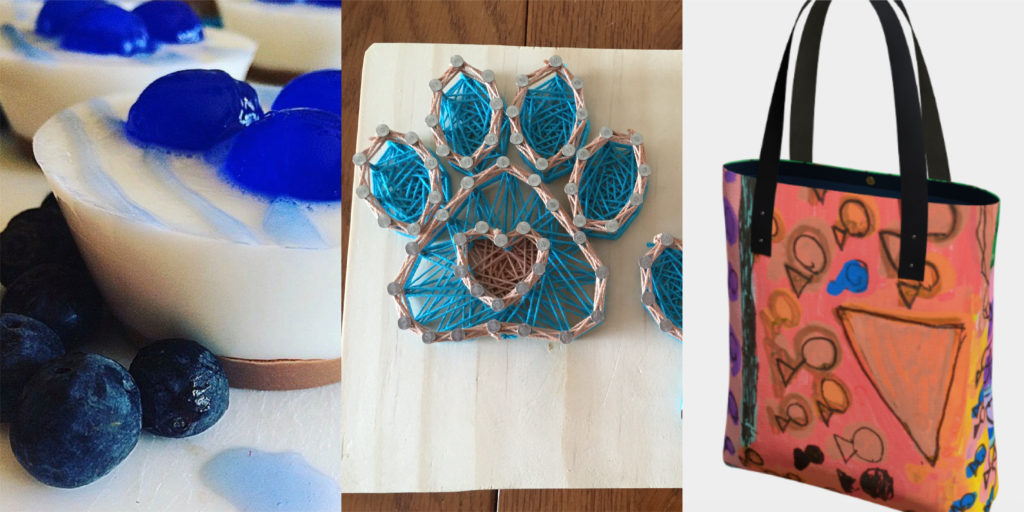 Three examples of All Abilities Market products: Blueberry tart candles, paw print string art, and a tote bag